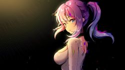 Rule 34 | 1girl, absurdres, bad id, bad twitter id, black background, blue background, blue eyes, breasts, choker, foxyreine, glitch, hair between eyes, highres, indie virtual youtuber, looking at viewer, medium breasts, melody (projektmelody), open mouth, purple hair, sidelocks, skin tight, solo, tears, virtual youtuber, vshojo