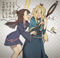 Rule 34 | !, !!, 2girls, belt, blonde hair, blue capelet, blue robe, blush, book, book holster, braid, brown hair, capelet, choker, collared shirt, company connection, crossover, dress, dungeon meshi, elf, excited, eye contact, fairy, feet out of frame, flying sweatdrops, french braid, grey background, half updo, hand up, hands up, hashtag-only commentary, highres, holding, holding staff, hood, hood down, hooded capelet, hooded dress, kagari atsuko, kuri (8mr4i9afb6bmulu), little witch academia, long hair, long sleeves, looking at another, luna nova school uniform, marcille donato, multiple braids, multiple girls, nervous, one side up, parted bangs, pointy ears, pointy nose, reaching, red eyes, robe, school uniform, shirt, short dress, side braid, smile, speech bubble, sprout, staff, standing, translation request, wide sleeves