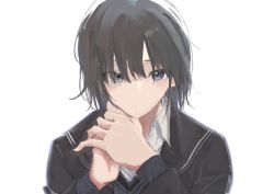 Rule 34 | 1girl, :o, amagami, black hair, expressionless, highres, looking at viewer, nanasaki ai, own hands together, school uniform, short hair, simple background, solo, takashi (cry 191), upper body, white background