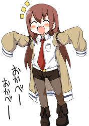 Rule 34 | 1girl, aged down, blush, child, closed eyes, darkside, lab coat, long hair, makise kurisu, necktie, open mouth, pantyhose, pantyhose under shorts, red hair, red necktie, shorts, simple background, smile, solo, steins;gate, white background
