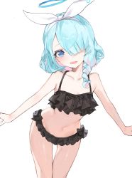 Rule 34 | 1girl, absurdres, arona (blue archive), bikini, black bikini, blue archive, blue eyes, blue hair, bow hairband, braid, collarbone, colored inner hair, frilled bikini, frills, hair over one eye, hairband, halo, highres, looking at viewer, multicolored hair, navel, open mouth, pink hair, side braid, simple background, smile, solo, stomach, swimsuit, thigh gap, two-tone hair, urosu (678 ner), white background, white hairband