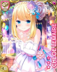 Rule 34 | 1girl, blonde hair, blue eyes, bow, card, character name, chloe lemaire, closed mouth, closeup, dress, evening gown, girlfriend (kari), long hair, night, official art, outdoors, pink bow, qp:flapper, smile, solo, tagme, white dress