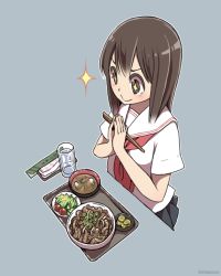Rule 34 | + +, 1girl, :&gt;, artist name, blouse, bowl, brown eyes, brown hair, chopsticks, closed mouth, commentary request, cup, drinking glass, food, grey background, grey skirt, holding, holding chopsticks, long hair, meat, miso soup, neckerchief, original, outline, own hands together, pleated skirt, red neckerchief, sailor collar, salad, school uniform, serafuku, shapoco, shirt, short sleeves, simple background, skirt, smile, solo, sparkle, spring onion, tray, twitter username, v-shaped eyebrows, white outline, white sailor collar, white shirt