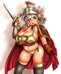 Rule 34 | 1girl, armor, bikini, blush, breasts, cape, cleavage, gloves, green eyes, helmet, huge breasts, looking at viewer, md5 mismatch, moriichi, open mouth, original, silver hair, solo, swimsuit, thighhighs
