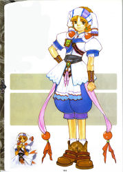 Rule 34 | 1girl, ankle boots, belt, blonde hair, blush, boots, brooch, brown footwear, buckle, elena (grandia), full body, game arts, gem, grandia, grandia ii, hand on own hip, hat, highres, jewelry, kanoe youshi, looking at viewer, official art, robe, scan, short hair, smile, standing