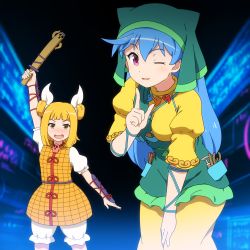 Rule 34 | 2girls, apron, arm ribbon, arm up, armor, armored dress, black background, blonde hair, bloomers, blue background, blue hair, blunt bangs, blurry, blurry background, blush, bob cut, commentary request, cowboy shot, double bun, dress, drooling, finger to cheek, green headwear, hair bun, hair ribbon, hand on own thigh, haniwa (statue), haniyasushin keiki, highres, hood, jewelry, joutouguu mayumi, leaning forward, long hair, magatama, magatama necklace, multiple girls, necklace, one eye closed, open mouth, puffy short sleeves, puffy sleeves, purple eyes, ribbon, shirosato, short sleeves, standing, touhou, two-tone background, underwear, vambraces, very long hair, wood carving tool, yellow dress, yellow eyes
