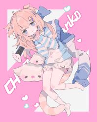 Rule 34 | 1girl, :3, animal ears, artist name, bloomers, blue eyes, blue jacket, blue shirt, blush, cat, cat tail, cellphone, child, chizunyanko, closed mouth, fish hair ornament, frilled shorts, frills, full body, hair between eyes, hair ornament, hairclip, hand on own chest, hands up, heart, highres, jacket, long hair, long sleeves, looking at viewer, no shoes, original, own hands together, phone, pink background, pink hair, shirt, shorts, sleeves past wrists, socks, solo, striped clothes, striped shirt, stuffed toy, sweater, tail, two side up, underwear, unworn jacket, white bloomers, white shirt, white shorts, white socks