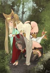 Rule 34 | 2girls, bent over, boots, cape, erune, granblue fantasy, hair ornament, high heel boots, high heels, highres, metera (granblue fantasy), multiple girls, n9+, siblings, sisters, squatting, sutera (granblue fantasy), thighhighs, trail, twintails