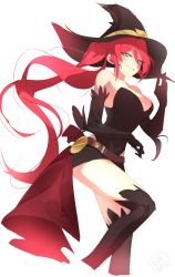 Rule 34 | 1girl, absurdres, azure-zer0, breasts, cleavage, dress, elbow gloves, gloves, green eyes, halloween, halloween costume, hat, highres, long hair, pyrrha nikos, red hair, rwby, solo, strapless, strapless dress, witch hat