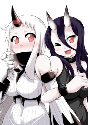 Rule 34 | 10s, 2girls, :3, abyssal ship, bare shoulders, battleship princess, black dress, black hair, blush, breasts, commentary, detached sleeves, dress, fang, highres, horns, kantai collection, large breasts, long hair, multiple girls, nose blush, one eye closed, red eyes, seaport princess, single horn, skin-covered horns, sleeveless, sleeveless dress, white hair, yamato nadeshiko