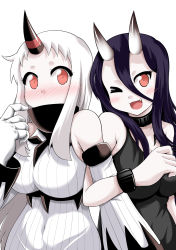 10s 2girls :3 abyssal_ship bare_shoulders battleship_princess black_dress black_hair blush breasts commentary detached_sleeves dress fang highres horns kantai_collection large_breasts long_hair multiple_girls nose_blush one_eye_closed red_eyes seaport_princess single_horn skin-covered_horns sleeveless sleeveless_dress white_hair yamato_nadeshiko