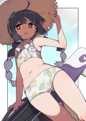 Rule 34 | 1girl, armpits, black hair, blue archive, braid, flat chest, hands on headwear, hat, leaf, long hair, miyu (blue archive), miyu (swimsuit) (blue archive), nanateru, navel, outside border, red eyes, ribbon, separated, straw hat, sweat, swimsuit, thighs