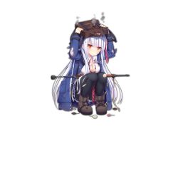 Rule 34 | 1girl, backpack, bag, breasts, cleavage, coat, covering head, full body, girls&#039; frontline, gun, hairband, haluka (aixioo), large breasts, long hair, looking at viewer, m1 carbine, m1a1 (girls&#039; frontline), medium breasts, necktie, official art, orange eyes, pantyhose, pleated skirt, rifle, school uniform, shirt, skirt, solo, torn clothes, torn pantyhose, torn shirt, transparent background, trench coat, weapon, white hair