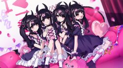 Rule 34 | 4girls, :o, backpack, bag, black choker, black hair, black hairband, black horns, blunt bangs, brown eyes, choker, clone, closed mouth, commentary request, couch, curtains, demon horns, denonbu, dress, earrings, fake horns, frilled dress, frills, hair ornament, hair ribbon, hairband, hand up, heart, heart earrings, highres, horns, indoors, jewelry, kanarikaro, long hair, looking at viewer, multiple girls, on couch, open mouth, petals, pillow, pink bag, pomemori, puffy short sleeves, puffy sleeves, purple dress, purple footwear, reml, ribbon, shoes, short sleeves, sitting, smile, socks, string of flags, tongue, tongue out, twintails, white socks, wrist cuffs, x hair ornament