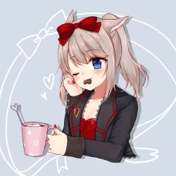 Rule 34 | 1girl, ;), animal ears, black jacket, blue eyes, blush, bow, breasts, brown hair, candy, cat ears, chocolate, chocolate heart, cleavage, closed mouth, collarbone, commentary request, cropped torso, cup, final fantasy, final fantasy xiv, food, food in mouth, grey background, hair bow, hand up, heart, highres, holding, holding cup, jacket, kinatsu ship, lace-trimmed jacket, long sleeves, looking at viewer, marshmallow, miqo&#039;te, mouth hold, mug, nail polish, one eye closed, open clothes, open jacket, red bow, red nails, simple background, sleeves past wrists, small breasts, smile, solo, twintails, upper body, valentine, warrior of light (ff14)