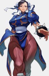 Rule 34 | 1girl, absurdres, blue dress, bracelet, breasts, brown eyes, brown hair, brown pantyhose, bun cover, capcom, china dress, chinese clothes, chun-li, double bun, dress, earrings, eyebrows, eyeshadow, fighting stance, hair bun, highres, jewelry, large breasts, lips, looking at viewer, makeup, open mouth, pantyhose, puffy short sleeves, puffy sleeves, sash, short sleeves, simple background, smile, solo, spiked bracelet, spikes, standing, street fighter, thighs, yoshio (55level)