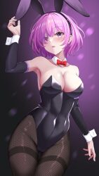 Rule 34 | 1girl, absurdres, animal ears, arm warmers, black background, black leotard, black pantyhose, bow, bowtie, breasts, cleavage, commentary request, covered navel, cowboy shot, detached collar, eyes visible through hair, fate/grand order, fate (series), fishnet pantyhose, fishnets, gluteal fold, gradient background, hair over one eye, hibika, highres, large breasts, leotard, looking at viewer, mash kyrielight, pantyhose, playboy bunny, purple background, purple eyes, purple hair, rabbit ears, red bow, red bowtie, short hair, solo, strapless, strapless leotard, thigh gap, thighband pantyhose, wrist cuffs