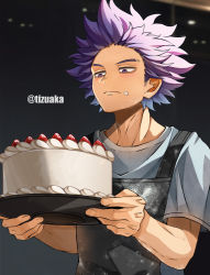 Rule 34 | 1boy, adam&#039;s apple, apron, bags under eyes, boku no hero academia, cake, carrying, dirty, dirty clothes, dirty face, food, food on face, fruit, highres, holding, holding food, icing, light blush, looking at food, looking at object, male focus, messy hair, night, purple eyes, purple hair, shinsou hitoshi, shirt, short hair, short sleeves, solo, spiked hair, strawberry, tonbanlove, twitter username, white shirt, window