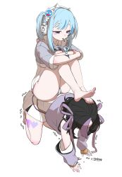 Rule 34 | 2girls, absurdres, barefoot, black hair, blue eyes, blue hair, blue panties, cigarette, clothing cutout, commentary request, feet, foot on head, goddess of victory: nikke, headphones, highres, humiliation, knees up, korean commentary, microphone, multicolored clothes, multicolored hair, multicolored panties, multiple girls, oung69, panties, purple hair, shifty (nikke), shirt, shoulder cutout, simple background, sitting, sitting on person, smoking, stepped on, striped clothes, striped panties, syuen (nikke), toes, trembling, underwear, white background, white panties