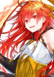 Rule 34 | 1boy, ahoge, bare shoulders, bishounen, commentary request, fate/grand order, fate (series), gloves, hair between eyes, holding, holding sword, holding weapon, long hair, looking at viewer, male focus, messy hair, open mouth, rama (fate), red eyes, red hair, simple background, smile, solo, sword, trap, waka (shark waka), weapon, white background