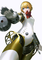 Rule 34 | 1girl, aegis (persona), angry, blonde hair, blue eyes, breasts, cannon, extended arm, headphones, mechanical arms, mechanical legs, nk sita, persona, persona 3, ribbon, short hair, small breasts, white background