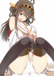 Rule 34 | 10s, 1girl, ahoge, bad id, bad pixiv id, bare shoulders, blush, breasts, brown hair, cleavage, clothes lift, detached sleeves, hair ornament, hairband, headgear, japanese clothes, kantai collection, kitsuneko azarashi, kongou (kancolle), long hair, looking at viewer, open mouth, panties, personification, sexually suggestive, shirt tug, sitting, skirt, skirt lift, smile, solo, thighhighs, underwear, upskirt, white panties, wide sleeves