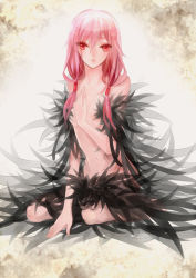 Rule 34 | 10s, 1girl, breasts, cleavage, feathers, guilty crown, highres, long hair, medium breasts, navel, nude, pink hair, red eyes, solo, twintails, xxx sherry, yuzuriha inori