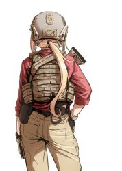 Rule 34 | 1girl, blonde hair, camouflage, from behind, hand in pocket, helmet, long hair, military, original, ponytail, shino (r shughart), solo, white background