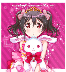Rule 34 | 1girl, :o, birthday, black hair, character name, commentary request, dated, hair ribbon, happy birthday, hirako, holding, holding stuffed toy, long hair, looking at viewer, love live!, love live! school idol festival, love live! school idol project, pink eyes, red eyes, ribbon, sidelocks, solo, star (symbol), stuffed animal, stuffed rabbit, stuffed toy, tiara, twintails, twitter username, upper body, yazawa nico