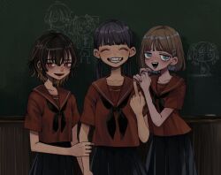 Rule 34 | 3girls, ^ ^, aqua eyes, black hair, black neckerchief, blunt bangs, bob cut, breasts, brown hair, chalkboard, classroom, closed eyes, collarbone, commentary request, cowboy shot, drawing, grey skirt, grin, hand up, hands on another&#039;s shoulder, hands up, highres, holding another&#039;s arm, indoors, looking at viewer, medium hair, middle finger, multiple girls, nail polish, neckerchief, original, oshio (shioqqq), own hands together, parted lips, pink nails, pleated skirt, red eyes, red sailor collar, red shirt, sailor collar, sailor shirt, school uniform, serafuku, shirt, short hair, short sleeves, skirt, small breasts, smile, standing, summer uniform