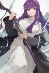 Rule 34 | 1girl, absurdres, black coat, coat, commentary request, cowboy shot, dress, fern (sousou no frieren), highres, holding, holding staff, long hair, long sleeves, looking at viewer, off shoulder, open clothes, open coat, parted lips, purple eyes, purple hair, solo, sousou no frieren, staff, tsuiru, very long hair, white dress