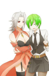 Rule 34 | 00s, 2girls, alexei dinoia, arc system works, bare shoulders, belt, blazblue, breast press, breasts, chain, cleavage, closed eyes, crossed arms, crossover, fingerless gloves, formal, gender request, genderswap, gloves, hazama, long hair, multiple girls, necktie, open mouth, pointing, red eyes, short hair, simple background, skirt, smile, suit, tales of (series), tales of vesperia, thighhighs, white hair