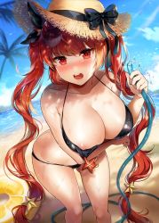 Rule 34 | 1girl, alternate costume, areola slip, arm under breasts, assisted exposure, azur lane, bare shoulders, beach, bikini, black bikini, black ribbon, blush, breasts, cleavage, cloud, collarbone, day, eyewear on head, female focus, gijang, gluteal fold, hair ornament, hair ribbon, hand up, hat, hat ribbon, holding, honolulu (azur lane), honolulu (summer accident?!) (azur lane), hose, innertube, large breasts, leaning forward, legs, long hair, looking at viewer, nose blush, ocean, open mouth, outdoors, palm tree, plant, red eyes, red hair, ribbon, round teeth, sand, sky, solo, standing, star (symbol), star hair ornament, starfish, straw hat, sunglasses, sunglasses on head, swim ring, swimsuit, teeth, thighs, tree, twintails, v-shaped eyebrows, very long hair, water, wide hips