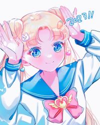 Rule 34 | 1girl, 2023, bishoujo senshi sailor moon, bishoujo senshi sailor moon supers, blonde hair, blue eyes, blue sailor collar, bow, bowtie, brooch, carrot hair ornament, double bun, earrings, food-themed hair ornament, gumii42, hair bun, hair ornament, jewelry, juuban middle school uniform, long hair, long sleeves, parted bangs, rabbit hair ornament, red bow, red bowtie, sailor collar, school uniform, serafuku, shirt, simple background, solo, stud earrings, tsukino usagi, very long hair, white background, white shirt