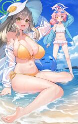 Rule 34 | 2girls, absurdres, bikini, blue archive, blue jacket, blush, breasts, ddog, frilled bikini, frills, front-tie bikini top, front-tie top, halo, hat, highres, hoshino (blue archive), hoshino (swimsuit) (blue archive), jacket, large breasts, light brown hair, looking at viewer, multiple girls, navel, nonomi (blue archive), nonomi (swimsuit) (blue archive), outdoors, pink hair, see-through, see-through jacket, side-tie bikini bottom, sitting, smile, stomach, string bikini, sun hat, swimsuit, wariza, white bikini, yellow bikini