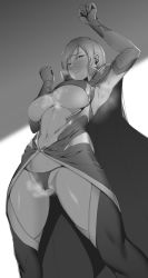 Rule 34 | 1girl, anegawa eiji, armpits, blush, breasts, cameltoe, highres, large breasts, monochrome, navel, short hair, solo, steam, sweat, underboob