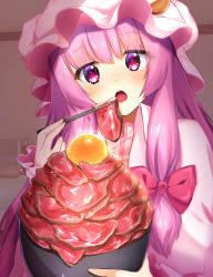 Rule 34 | 1girl, absurdres, blush, bow, bowl, chopsticks, commentary request, crescent, crescent hair ornament, dress, eating, egg yolk, food, hair bow, hair ornament, hand up, hat, head tilt, highres, holding, holding bowl, holding chopsticks, indoors, long hair, long sleeves, looking at viewer, meat, mob cap, open mouth, patchouli knowledge, pink dress, pink hat, purple bow, purple eyes, purple hair, sea scorpion (umisasori), sidelocks, solo, touhou, upper body, very long hair, wing collar