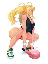 Rule 34 | 1girl, bare shoulders, black tank top, blonde hair, breasts, cleavage, closed mouth, dumbbell nan kilo moteru?, full body, green eyes, highres, large breasts, long hair, midriff, sakura hibiki, shoes, shorts, simple background, sneakers, solo, squatting, sweatband, tank top, twintails, white background, zcune