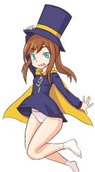 Rule 34 | 1girl, a hat in time, aqua eyes, bare legs, blue eyes, blush, blush stickers, breasts, brown hair, cape, dress, hat, hat kid, long hair, looking at viewer, no shoes, open m/, panties, pantyshot, purple dress, purple hat, short dress, simple background, small breasts, smile, socks, solo, third-party edit, tiny (18931875), top hat, underwear, upskirt, white background, yellow cape, zipper