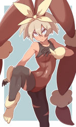 Rule 34 | 1girl, bea (pokemon), blonde hair, border, bow hairband, breasts, brown leotard, closed mouth, collarbone, commentary request, cosplay, covered navel, creatures (company), eyelashes, frown, game freak, gen 4 pokemon, gloves, grey eyes, hair between eyes, hairband, hand up, highres, kurachi mizuki, leg up, leotard, lopunny, mega lopunny, mega lopunny (cosplay), mega pokemon, nintendo, outline, outside border, pokemon, pokemon ears, pokemon swsh, ribbon, shoes, solo, split mouth, white border, yellow footwear, yellow hairband, yellow ribbon