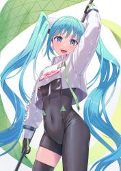 Rule 34 | 1girl, :d, arm up, ashitana, asymmetrical legwear, black bodysuit, black gloves, black thighhighs, blue eyes, blue hair, bodysuit, breasts, covered navel, floating hair, gloves, green gloves, hatsune miku, highres, long hair, looking at viewer, medium breasts, open mouth, racing miku, racing miku (2022), simple background, skindentation, smile, solo, standing, thighhighs, twintails, two-tone gloves, very long hair, vocaloid, white background