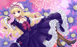 Rule 34 | 1girl, alha, blonde hair, bow, breasts, brown pantyhose, cleavage, dress, female focus, floral background, flower, folding fan, frills, gloves, hair bow, hand fan, hat, high heels, long hair, multiple hair bows, pantyhose, purple dress, purple eyes, purple footwear, ribbon, shoes, solo, touhou, white gloves, yakumo yukari