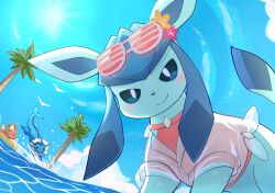 Rule 34 | absurdres, black eyes, blonde hair, blue eyes, blue hair, blush, creatures (company), fins, flareon, flower, game freak, gen 1 pokemon, gen 3 pokemon, gen 4 pokemon, glaceon, glaceon (beach), highres, komanychi, nintendo, open mouth, pokemon, pokemon (creature), pokemon unite, sidelocks, smile, summer, sunglasses, tree, vaporeon, water, wingull