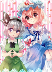 Rule 34 | 2girls, alternate breast size, alternate eye color, arm garter, arms up, black neckwear, blue headwear, blue kimono, blush, border, bow, bowtie, breasts, bug, butterfly, commentary, cowboy shot, furisode, green skirt, green vest, hair between eyes, hair ribbon, hat, head tilt, heart, heart background, height difference, insect, japanese clothes, kimono, konpaku youmu, lace, lace border, long sleeves, looking at viewer, medium breasts, mob cap, multiple girls, nagare, open mouth, ornate border, outline, own hands together, pink background, pink eyes, pink hair, puffy short sleeves, puffy sleeves, purple eyes, ribbon, saigyouji yuyuko, shirt, short hair, short sleeves, side-by-side, silver hair, skirt, skirt hold, smile, standing, steepled fingers, striped, striped background, touhou, triangular headpiece, vest, white shirt, wide sleeves