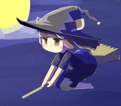 Rule 34 | 1girl, :/, absurdres, alternate costume, barefoot, black dress, blush stickers, broom, broom riding, chibi, cloud, dress, expressionless, floating hair, flying, full body, hat, headgear, highres, jitome, konohoshi, long hair, looking ahead, moon, night, orange eyes, outdoors, short sleeves, sky, solo, star (sky), starry sky, touhoku kiritan, twintails, voiceroid, witch, witch hat