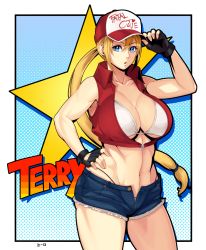 Rule 34 | 1girl, bikini, bikini top only, blonde hair, blue eyes, breasts, character name, cleavage, fatal fury, fingerless gloves, gender request, genderswap, gloves, hero (do-belman), highres, large breasts, midriff, navel, ponytail, shorts, snk, snk heroines: tag team frenzy, solo, swimsuit, terry bogard, the king of fighters, unzipped, white bikini