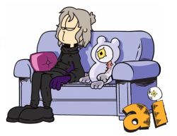 Rule 34 | ai: the somnium files, aiba (ai: the somnium files), black footwear, black jacket, black pants, commentary, couch, english commentary, full body, garfield, highres, jacket, jim davis (style), kaname date, logo, medium hair, pants, pillow, simple background, sitting, somniumfriend, white background