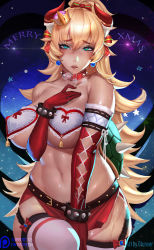 Rule 34 | 1girl, aqua eyes, bare shoulders, bell, black panties, blonde hair, blush, bowsette, bracelet, breasts, christmas, cleavage, collar, covered erect nipples, crown, earrings, elbow gloves, female pubic hair, garter straps, genderswap, genderswap (mtf), gloves, groin, gtunver, hair between eyes, hair ribbon, heart, heart-shaped pupils, heavy breathing, highres, horns, jewelry, large breasts, long hair, looking at viewer, mario (series), navel, new super mario bros. u deluxe, nintendo, open mouth, panties, pubic hair, pubic hair peek, red gloves, red thighhighs, ribbon, saliva, simple background, solo, spiked bracelet, spiked collar, spiked shell, spikes, super crown, super mario bros. 1, symbol-shaped pupils, teeth, thighhighs, tongue, tongue out, turtle shell, underwear, very long hair, white background