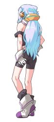 Rule 34 | 1boy, ankle boots, ass, bare shoulders, bike shorts, black legwear, black shirt, blue hair, boots, contrapposto, facing away, from behind, full body, gloves, hacka doll, hacka doll 3, hair ornament, highres, kneepits, long hair, male focus, muchi maro, off-shoulder shirt, shirt, simple background, solo, trap, white background, white gloves