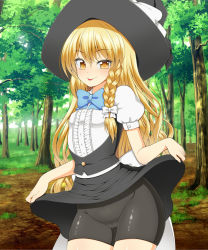 Rule 34 | 1girl, :p, bike shorts, blonde hair, blouse, blush, bow, bowtie, braid, breasts, cameltoe, clothes lift, contrapposto, curvy, forest, hair bow, hair ribbon, hat, hip focus, kirisame marisa, large bow, long hair, looking at viewer, nature, puffy short sleeves, puffy sleeves, ribbon, sash, shirt, short sleeves, side braid, single braid, skirt, skirt lift, skirt set, small breasts, smile, solo, standing, thighs, tongue, tongue out, touhou, tsurara0128, uneven eyes, very long hair, vest, wavy hair, witch hat, yellow eyes